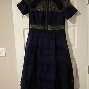 Self-Portrait Navy & Black Lace Midi Dress with Contrast Trim